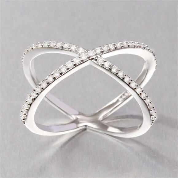 🎁 X Shape Manufactures Two Lines Cross Zircon Ring for Women, PD125 - Picture 1 of 8